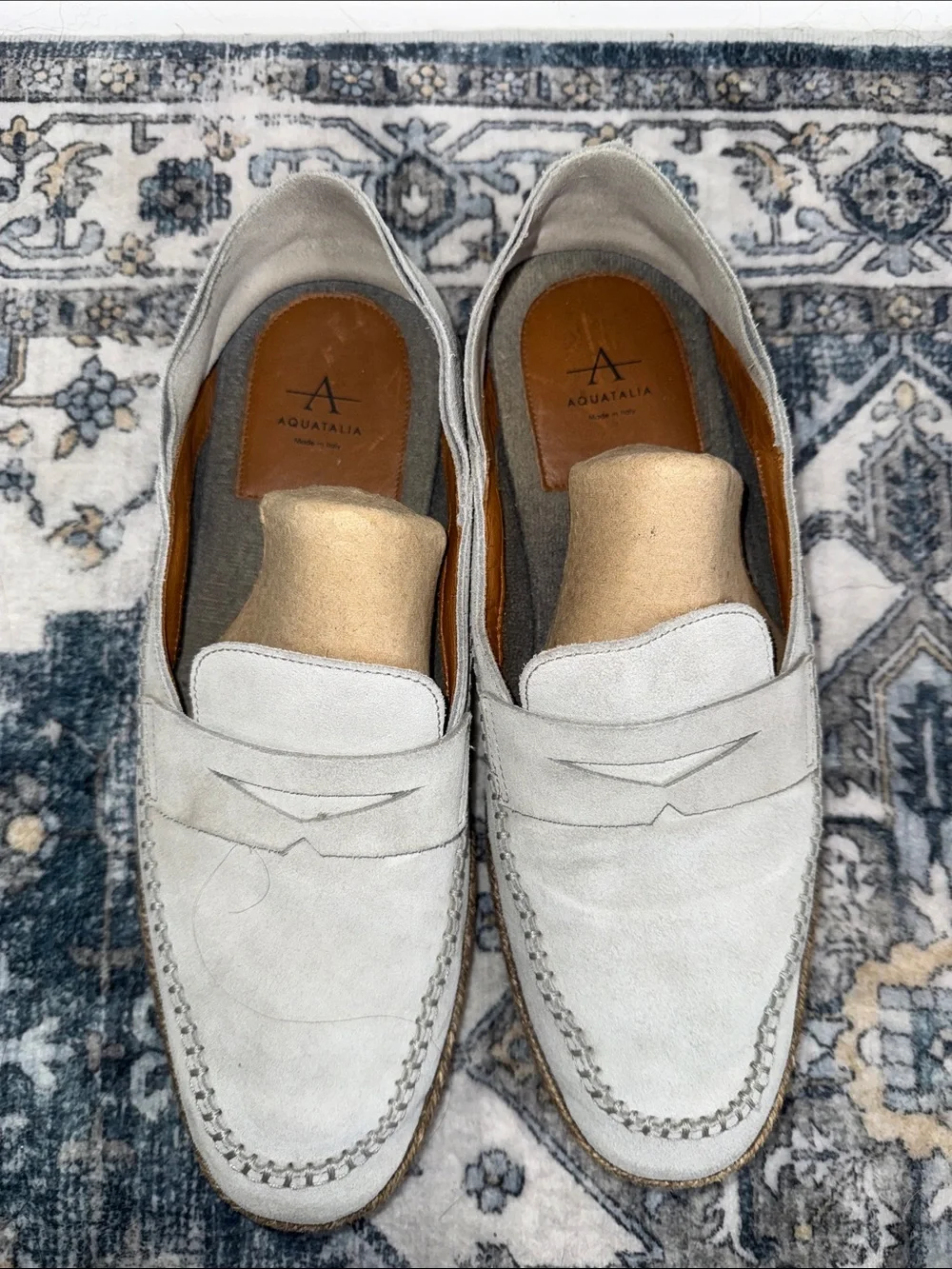 Aquatalia Nikita Italy Penny Loafer Weatherproof Soft Suede Grey Stitch Details